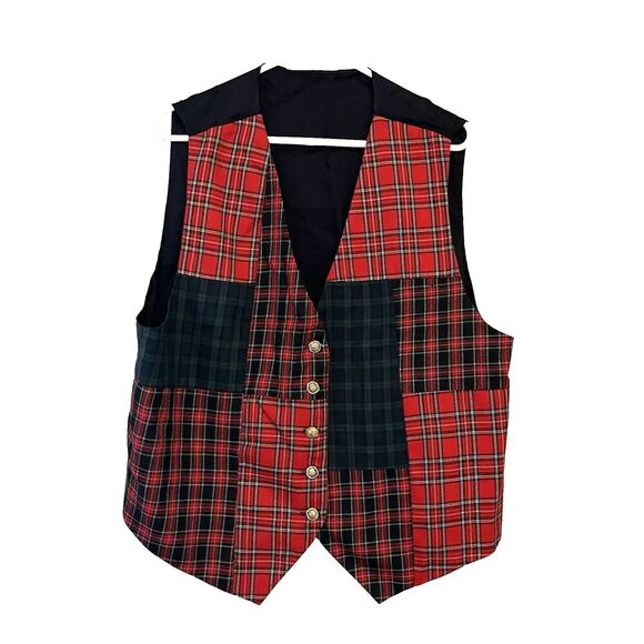 Vtg Tofy Red Blue Tartan Plaid Vest Dark Acadamia Christmas Gold Button 18 USA - Picture 1 of 6